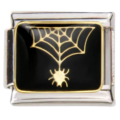 Pami Charms Italian charms with black background and gold spider web design