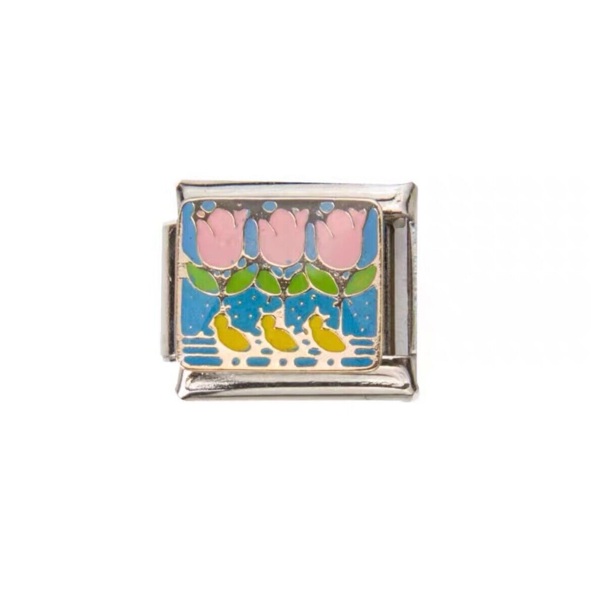Pami Charms Italian charms link featuring pink tulips with green leaves on blue background