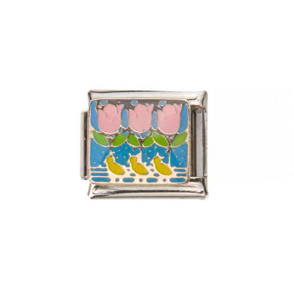 Pami Charms Italian charms link featuring pink tulips with green leaves on blue background