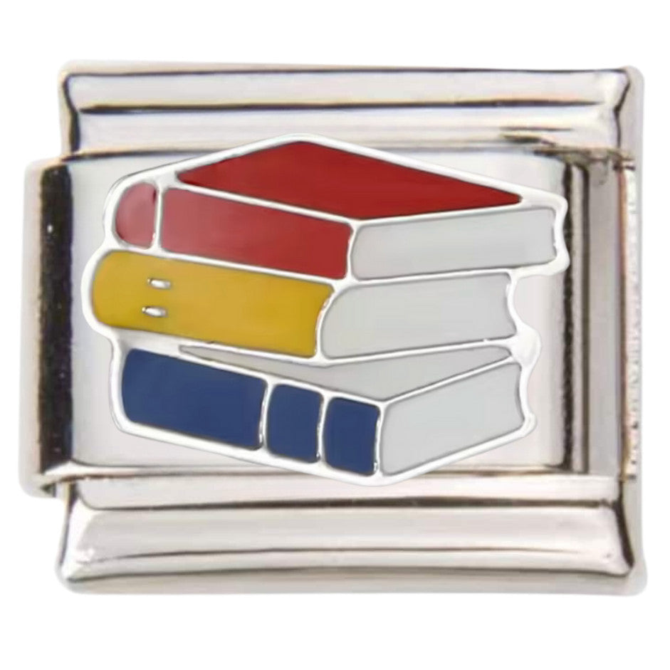 Pami Charms Italian charms with colourful stacked books design in silver finish