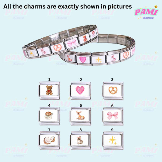 Italian charms by Pami Charms featuring cute designs like teddy bear heart pretzel and coffee cup on silver bracelets