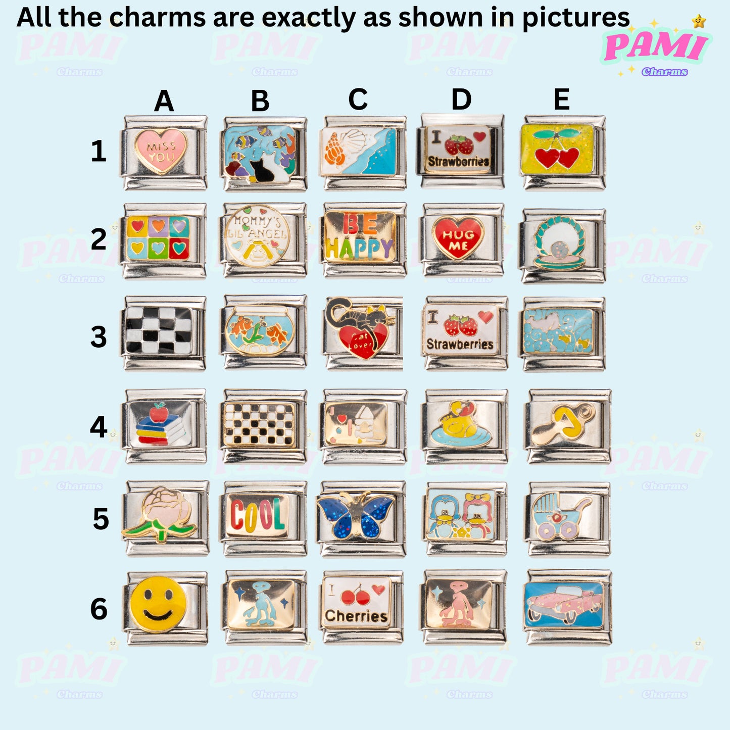 Set of Pami Charms featuring various designs including strawberries and smiles, perfect for Italian charms collections.