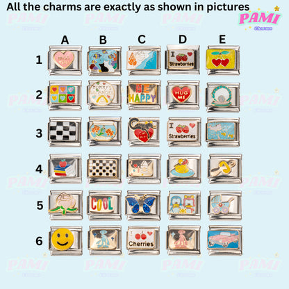 Set of Pami Charms featuring various designs including strawberries and smiles, perfect for Italian charms collections.