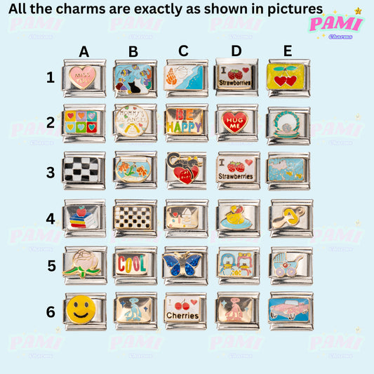 Set of Pami Charms featuring various designs including strawberries and smiles, perfect for Italian charms collections.