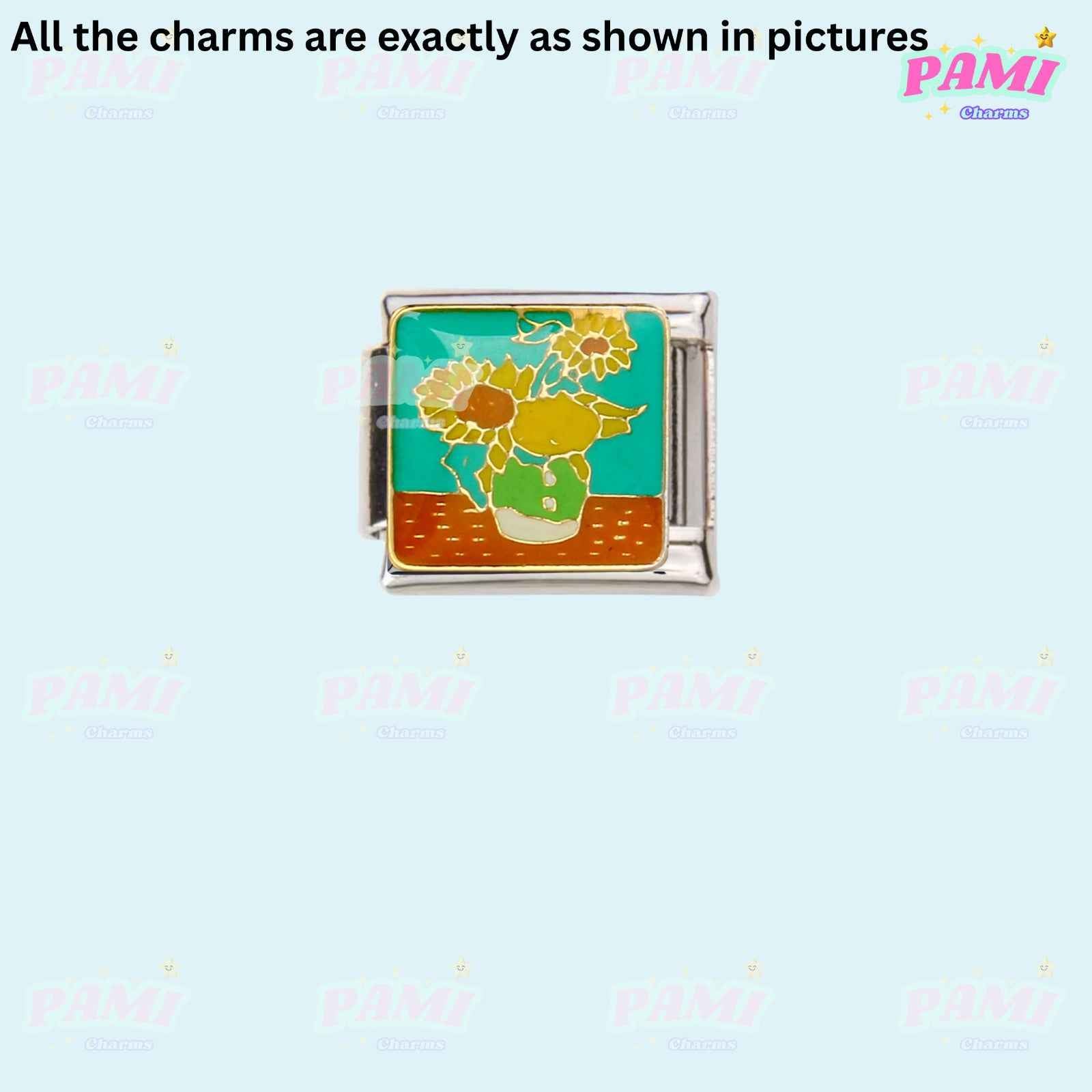 Pami Charms Italian charms featuring a colorful sunflower vase design on a silver base