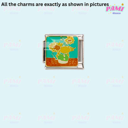 Pami Charms Italian charms featuring a colorful sunflower vase design on a silver base