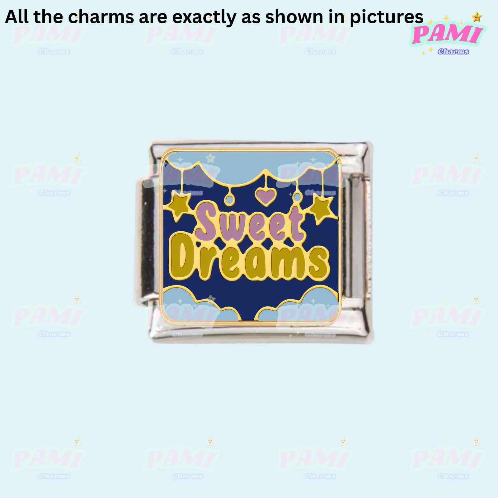Pami Charms Italian charms sweet dreams design with stars and hearts on blue background