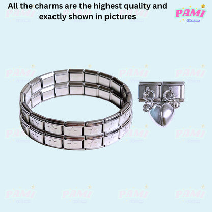 Silver Italian charms bracelet with heart and lock charms from Pami Charms