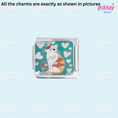 Pami Charms Italian charms featuring a cat with hearts on a turquoise background charm link