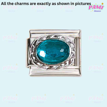 Pami Charms silver Italian charms with teal oval gemstone centerpiece and decorative accents
