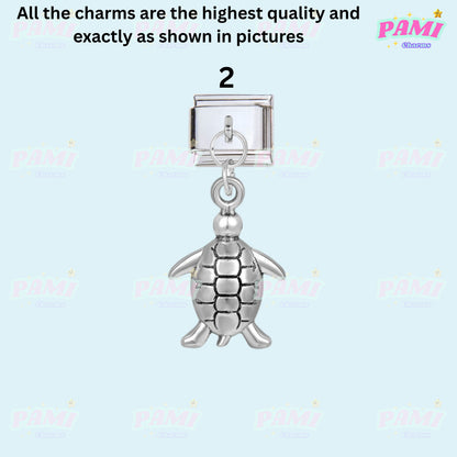 Silver turtle Italian charms with detailed shell design by Pami Charms