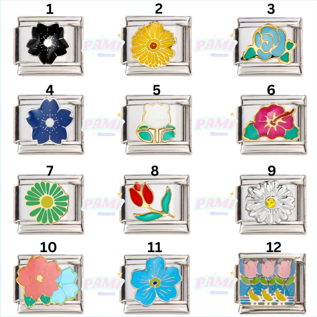 Pami Charms Italian charms set featuring twelve floral designs in vibrant colours with silver frames