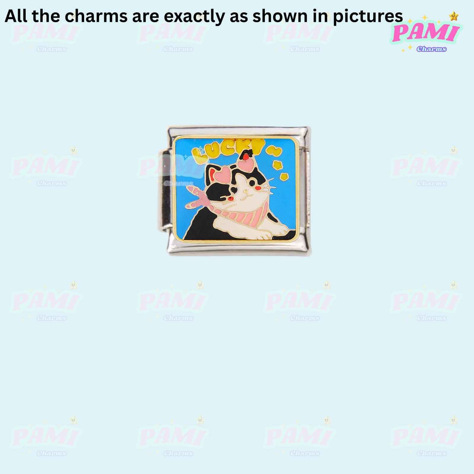 Pami Charms Italian charms featuring a playful cat with a pink scarf on a blue background