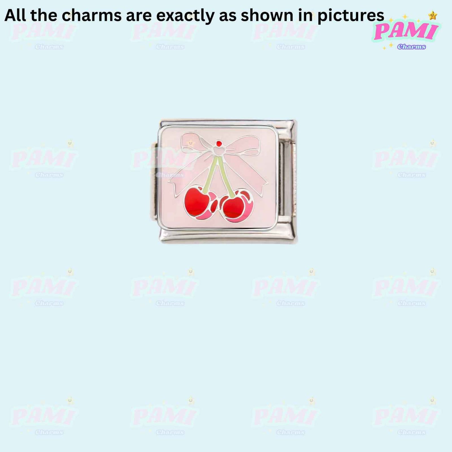 Pami Charms Italian charms cherry design with pink bow on silver base
