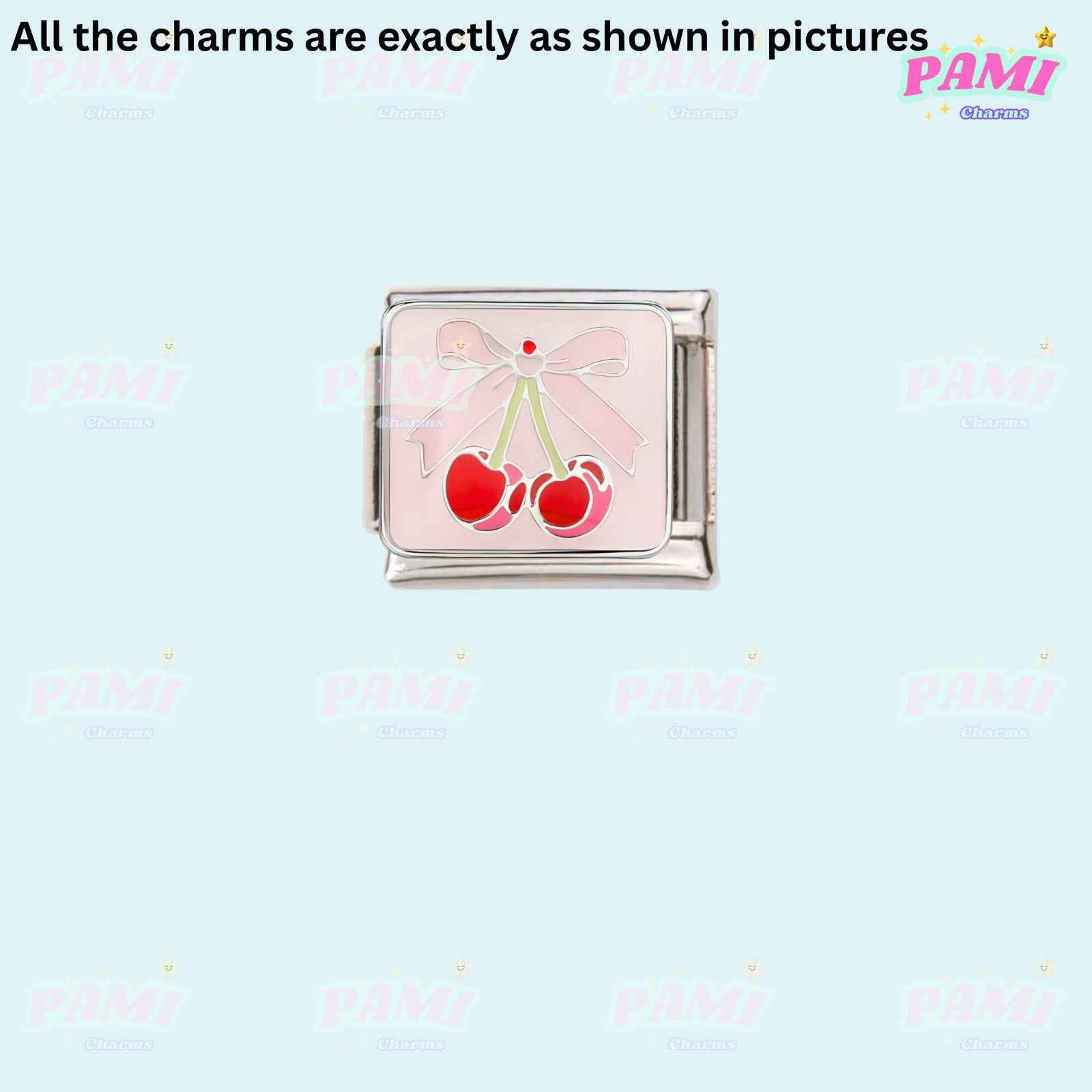 Pami Charms Italian charms with red cherry design and pink bow on silver base