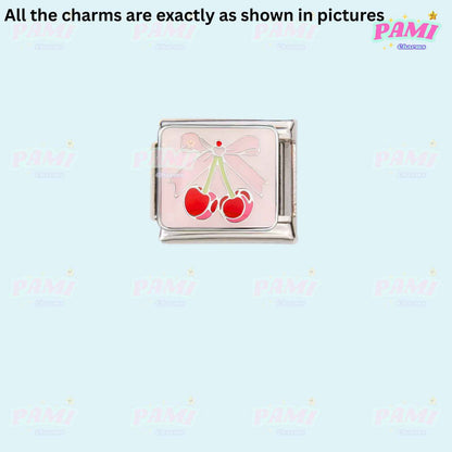Pami Charms Italian charms with red cherry design and pink bow on silver base