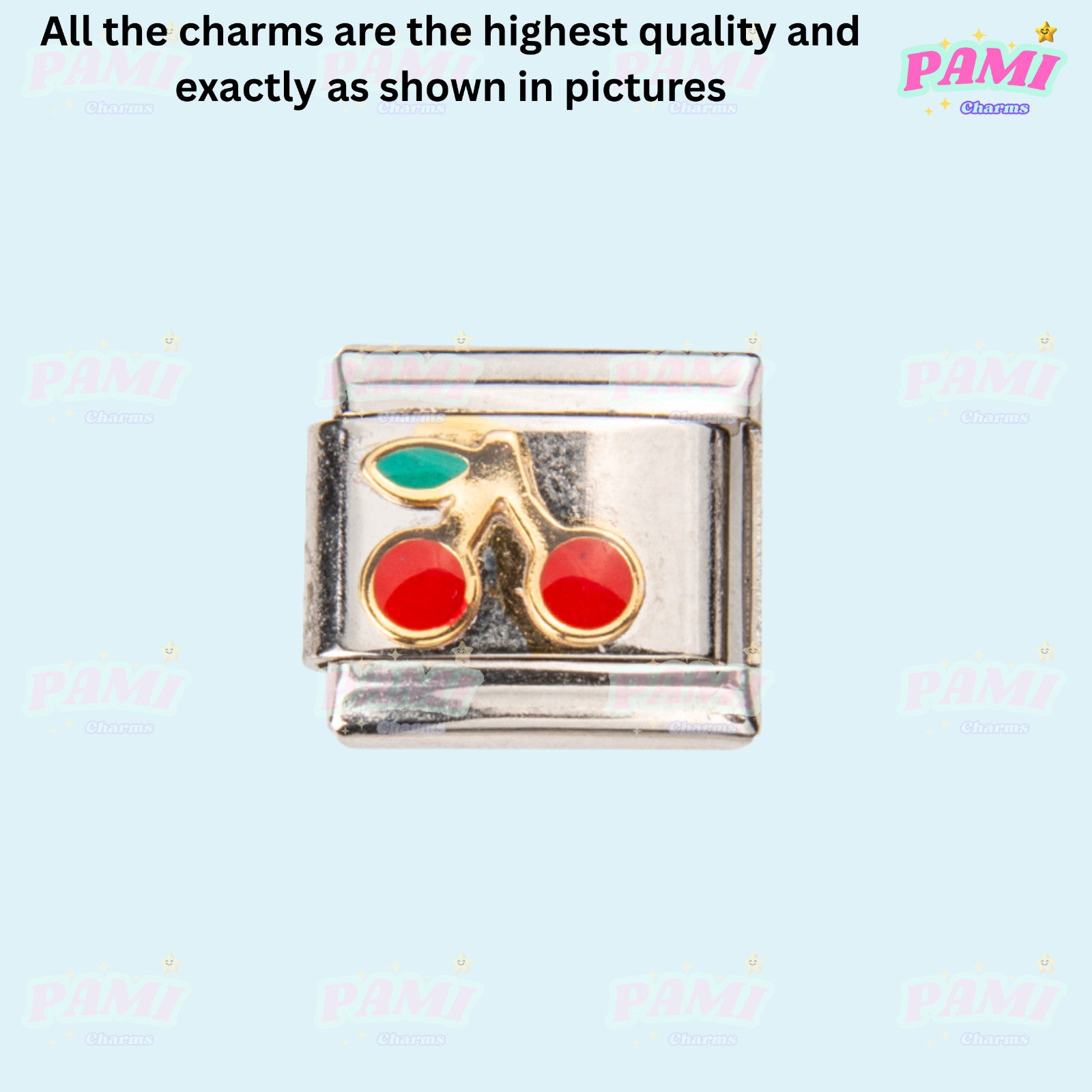 Pami Charms Italian charms with red cherry design on silver link for customizable bracelets