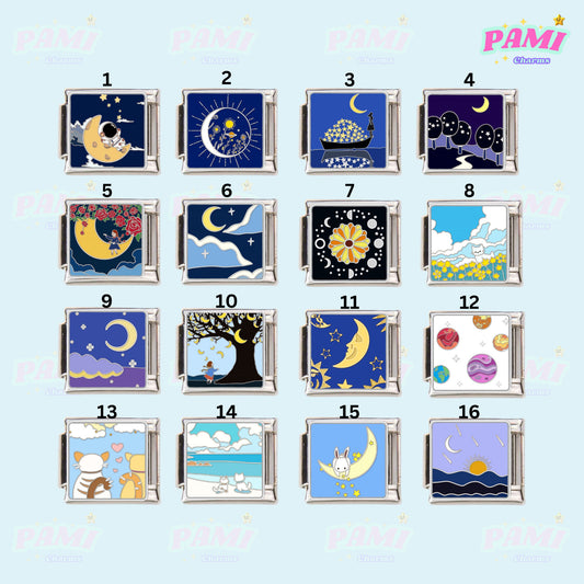 Set of 16 Pami Charms featuring various night sky and moon designs, perfect italian charms collection