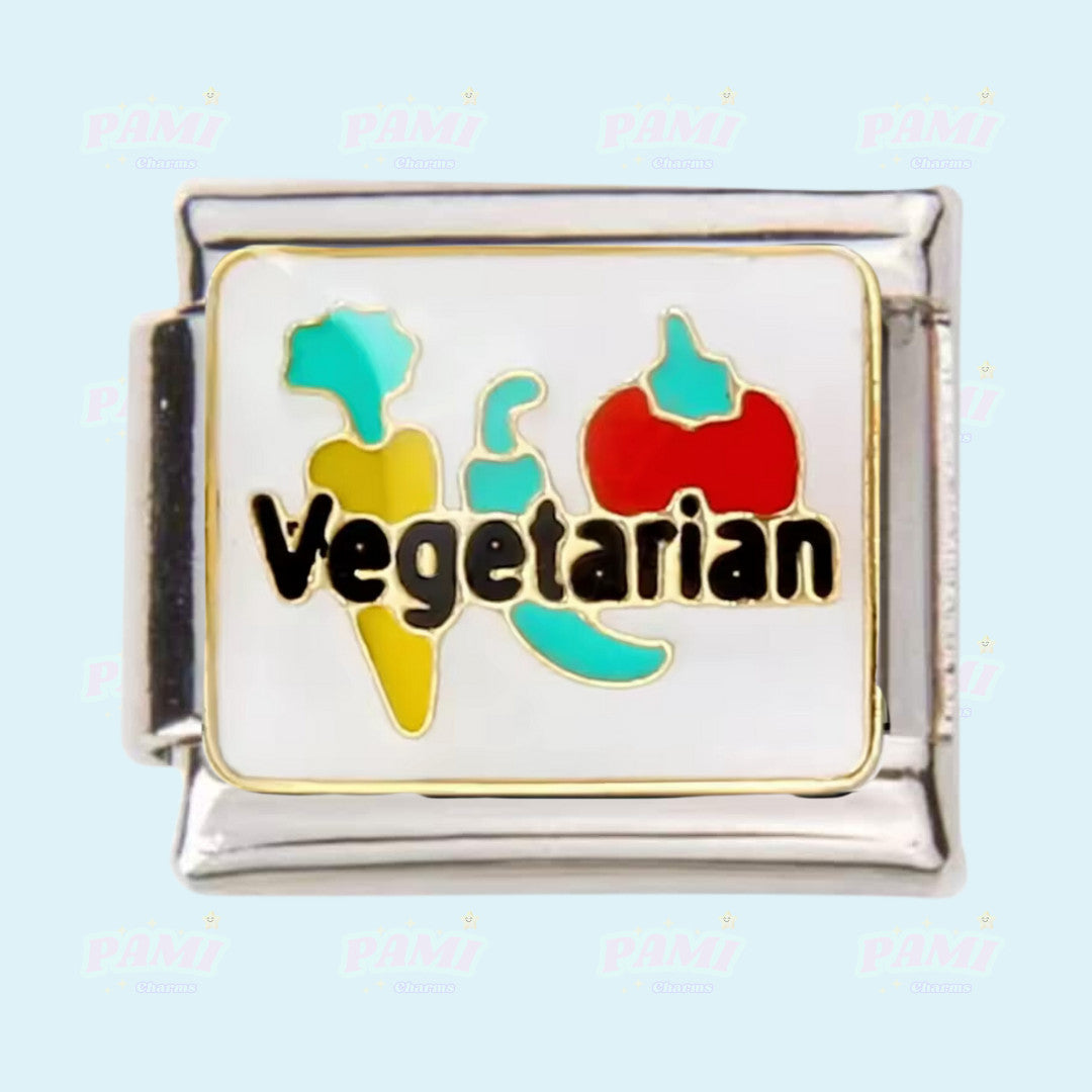 Pami Charms Italian charms featuring a colorful vegetarian design with vegetables on a silver base