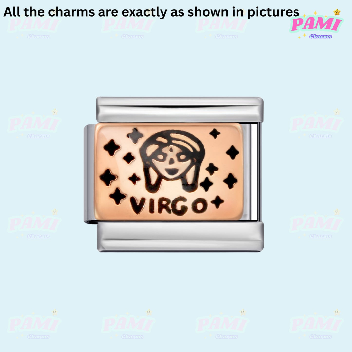 Pami Charms Virgo Italian Charms with Star Design and Gold Highlight on Silver Frame