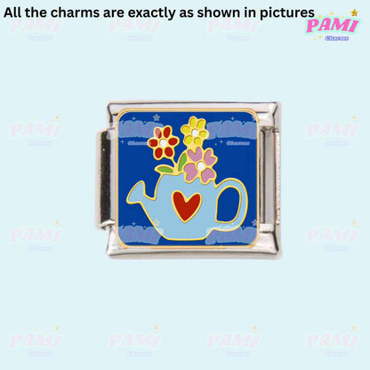 Pami Charms Italian charms with blue watering can and colorful flowers design