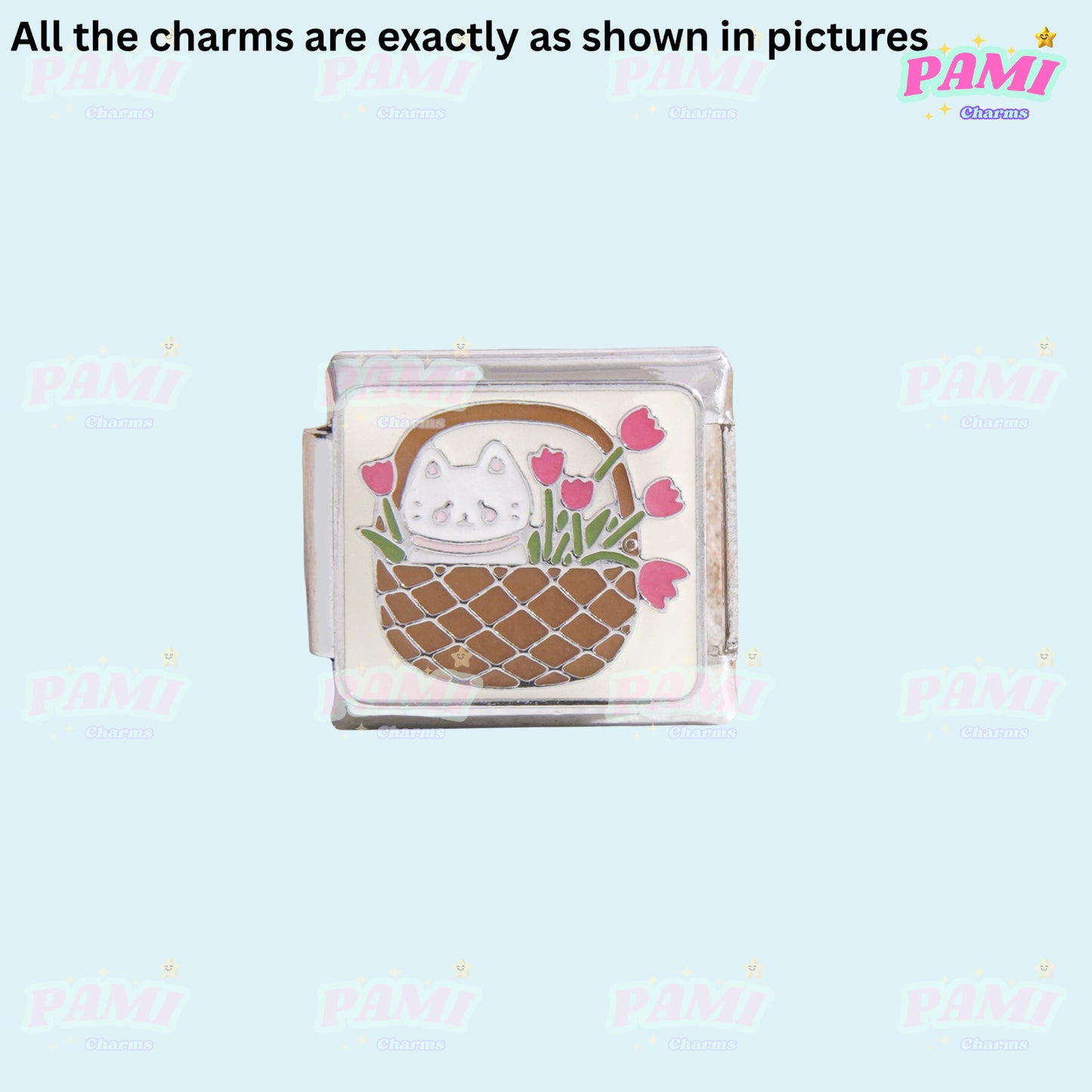 Pami Charms Italian charms featuring a cat in a basket with pink flowers design