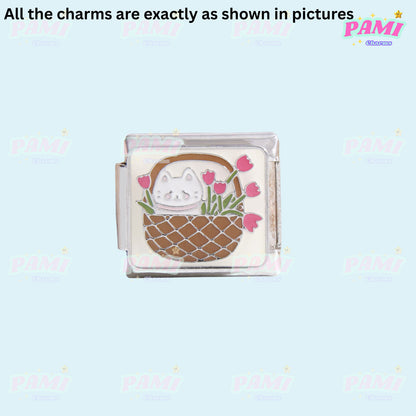 Pami Charms Italian charms featuring a cat in a basket with pink tulips design