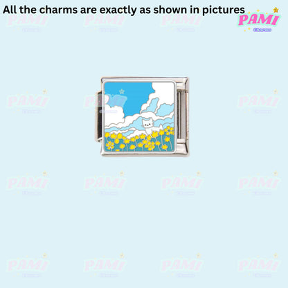 Pami Charms italian charms featuring a silver square charm with a cat in a yellow flower field under blue sky