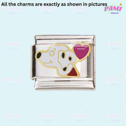 Pami Charms Italian charms featuring a silver link with a dog face and heart design