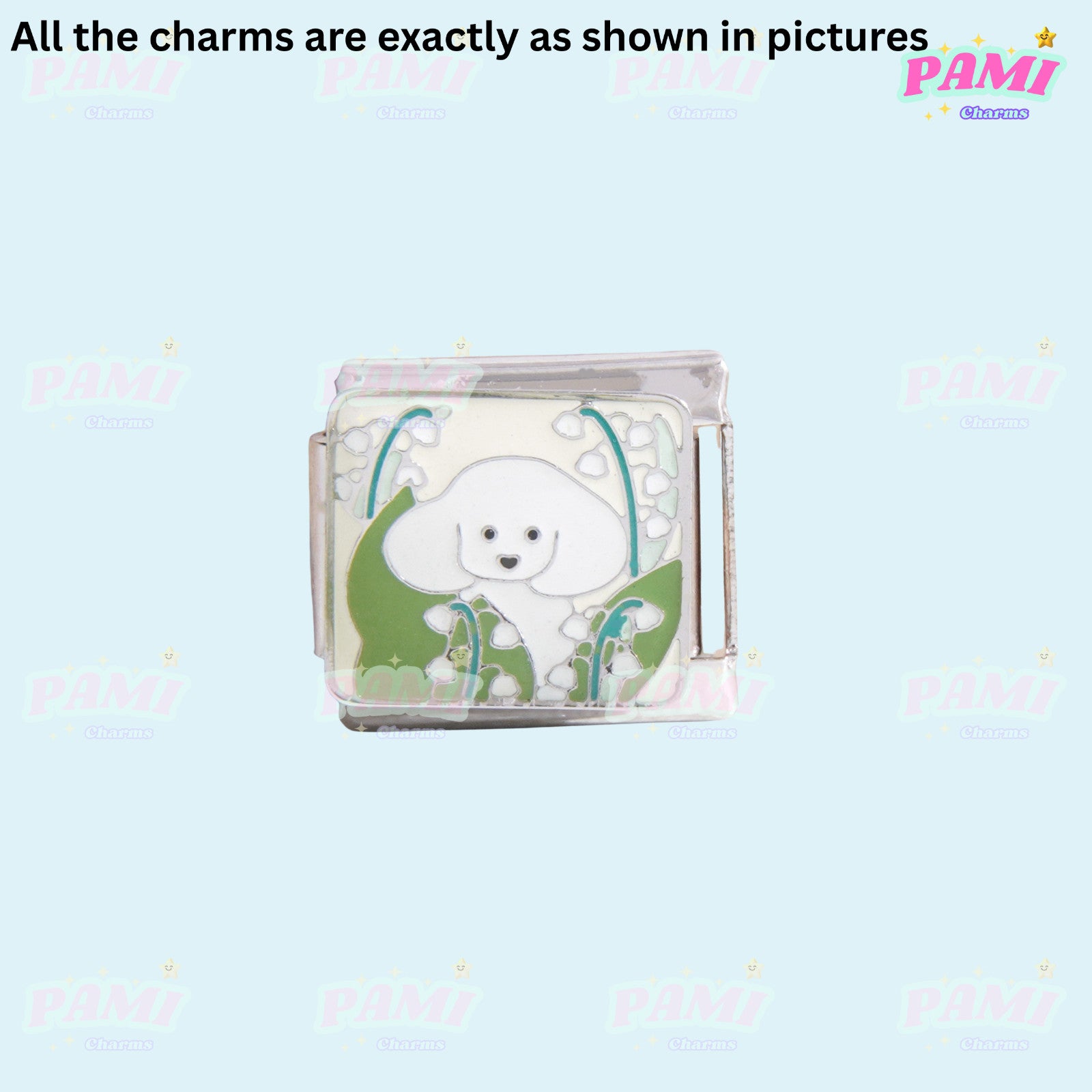Pami Charms Italian charms featuring a white dog with green background on a silver charm
