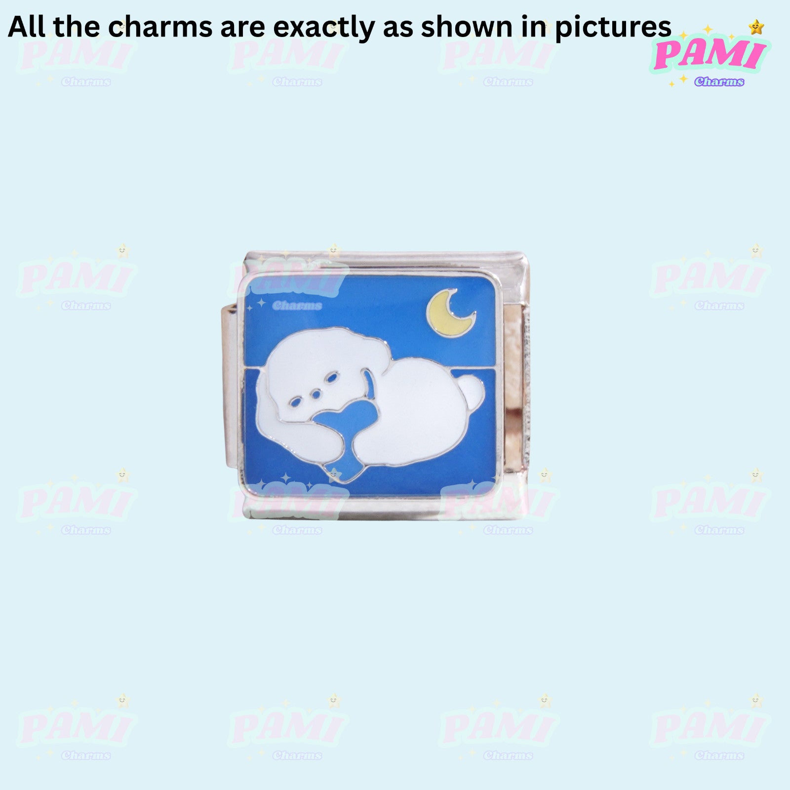 Pami Charms Italian charms featuring a white dog sleeping under a crescent moon on blue background