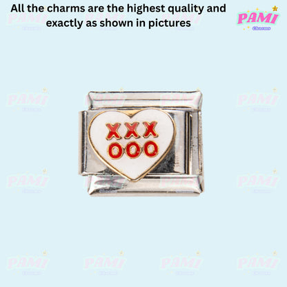 Pami Charms Italian charms with white heart and red XXX OOO design on silver base