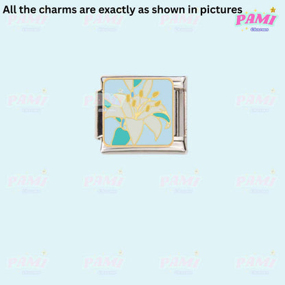 Italian charms square link with white and yellow flower design on silver base by Pami Charms