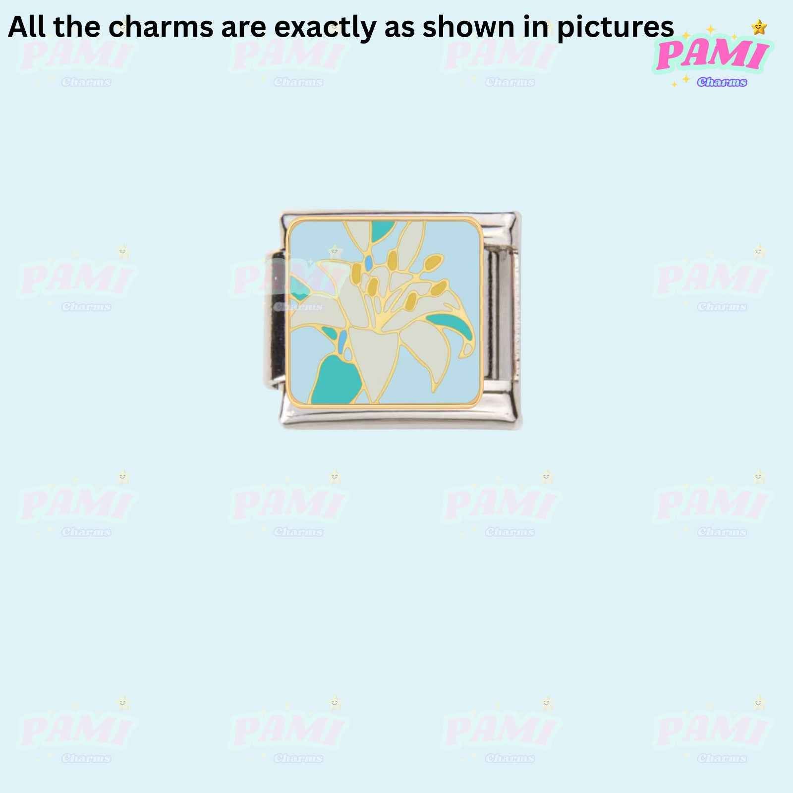 Pami Charms Italian charms with a white and yellow lily flower design on a light blue background