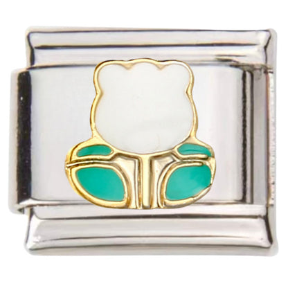 Pami Charms Italian charms silver link with white and turquoise flower design in gold outline