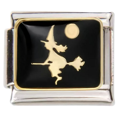 Pami Charms Italian charms featuring a gold witch and moon design on black enamel background