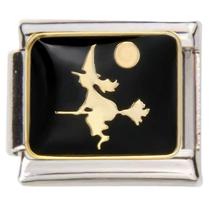 Pami Charms Italian charms featuring a gold witch silhouette on a black enamel background