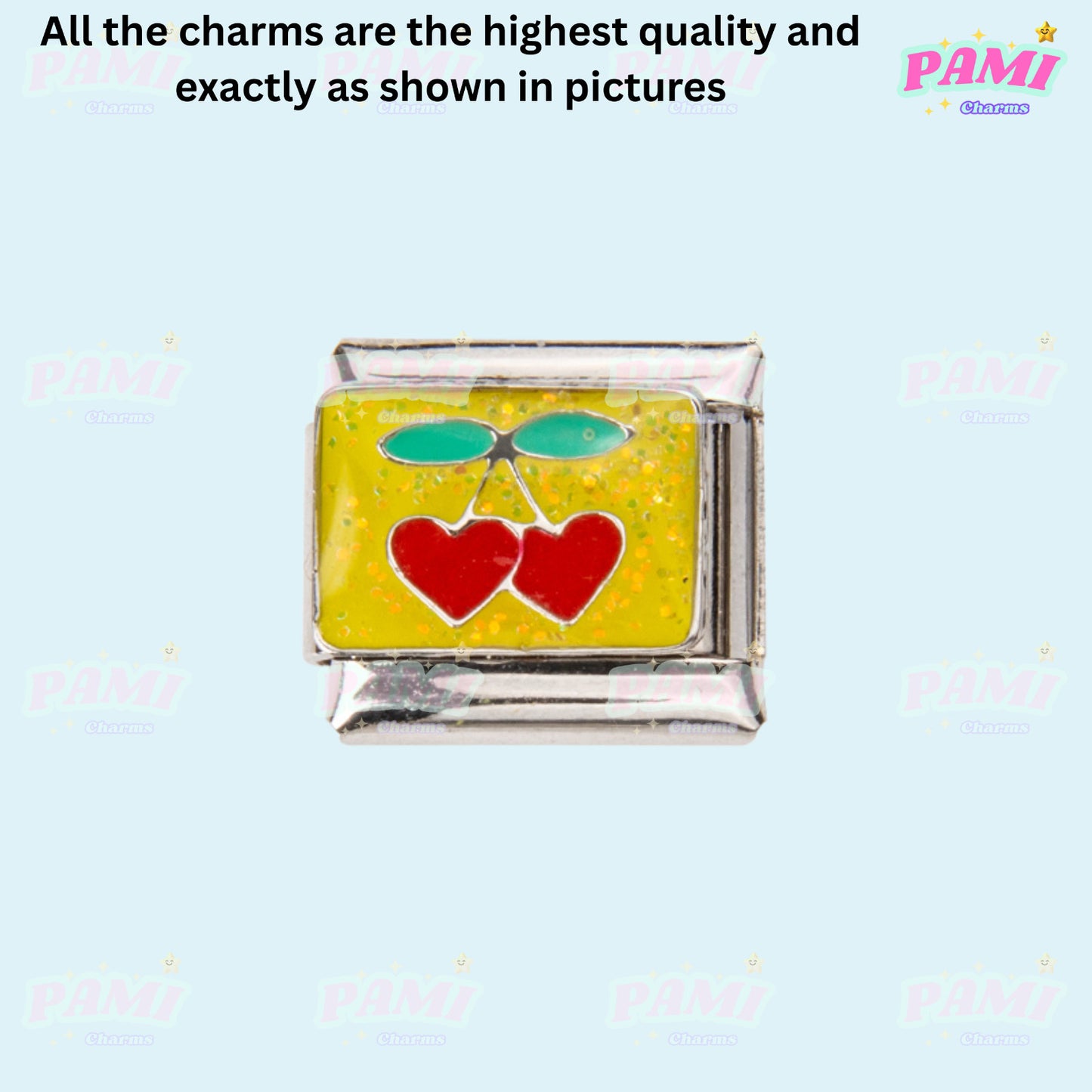 Pami Charms Italian charms with two red heart pendants and green leaves on a yellow background