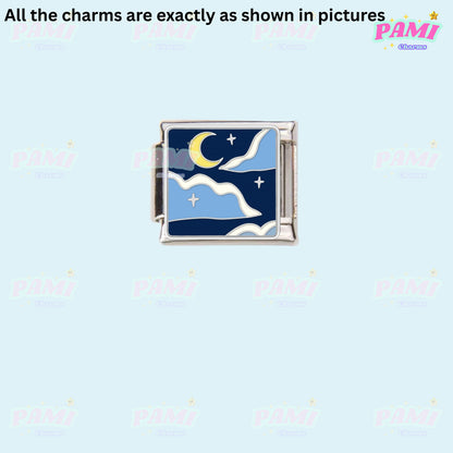 Pami Charms Italian charms featuring a night sky design with moon and stars on a silver base