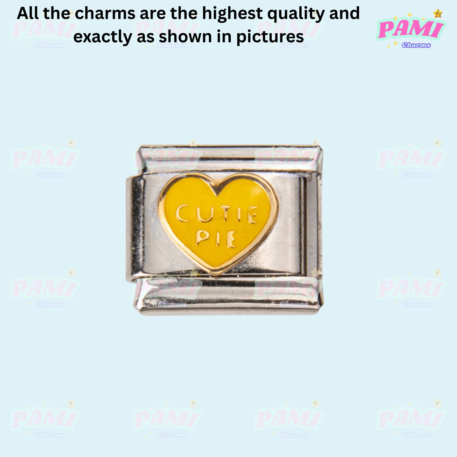 Pami Charms Italian charms silver link with yellow heart and cutie pie engraving