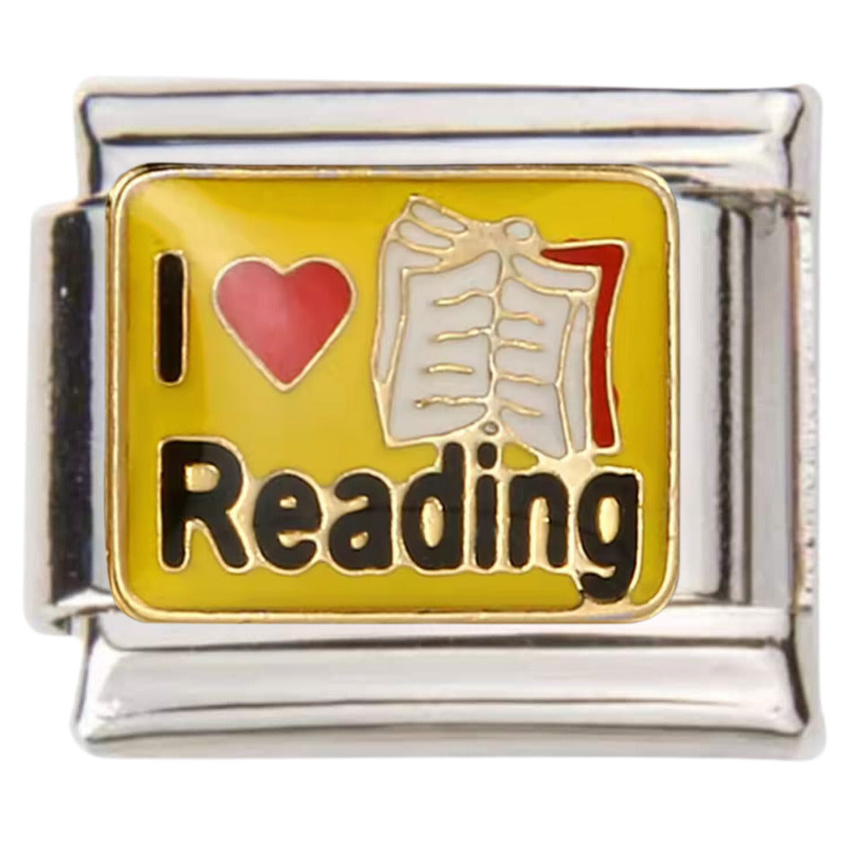Pami Charms Italian charms with I love reading design on yellow background