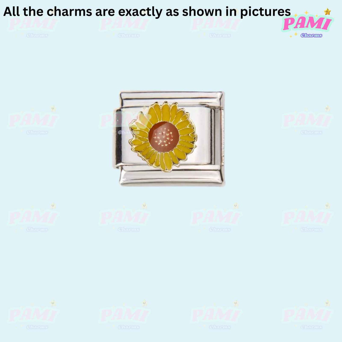 Pami Charms silver link charm with yellow sunflower design Italian charms