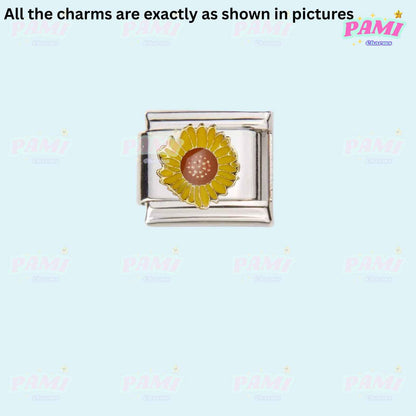 Pami Charms silver link charm with yellow sunflower design Italian charms