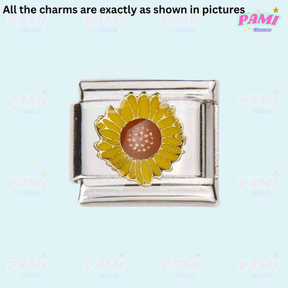 Pami Charms yellow sunflower design italian charms with shiny silver base