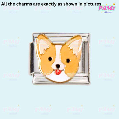 Pami Charms Italian charms featuring a cute enamel dog face charm in silver and orange tones