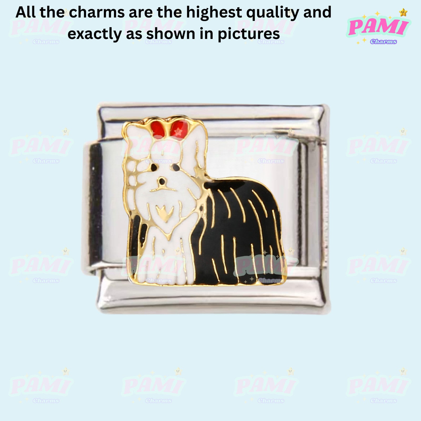 Pami Charms Italian Charms featuring a Yorkshire Terrier design with a red bow detail