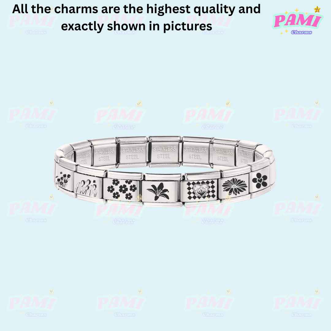 Pami Charms laser engraved flower italian charms stainless steel bracelet with floral designs