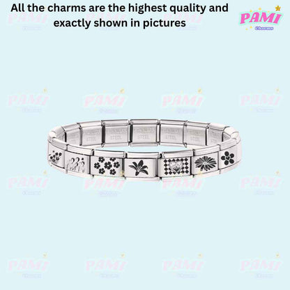 Pami Charms laser engraved flower italian charms stainless steel bracelet with floral designs