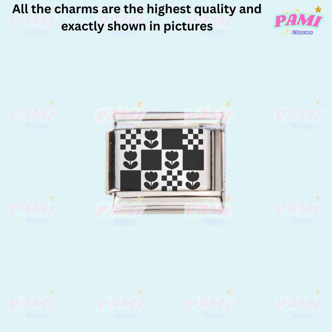 Pami Charms laser engraved flower Italian charms with black and white floral and checkered design