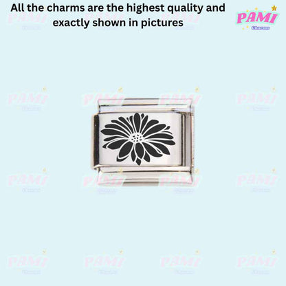 Pami Charms laser engraved flower italian charms with detailed black flower design on silver background